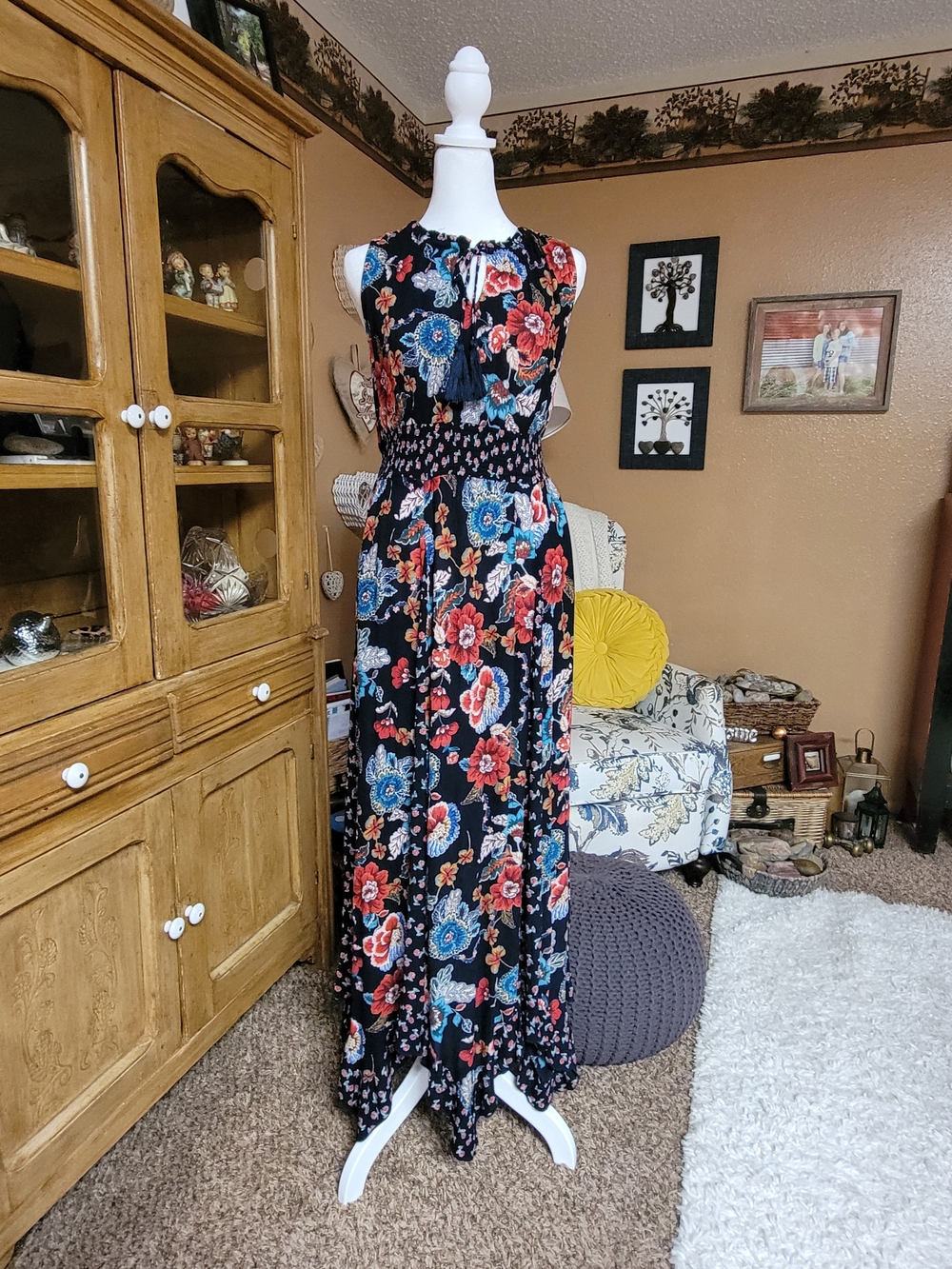 Bila Black Maxi Dress with Red & Blue Floral Print